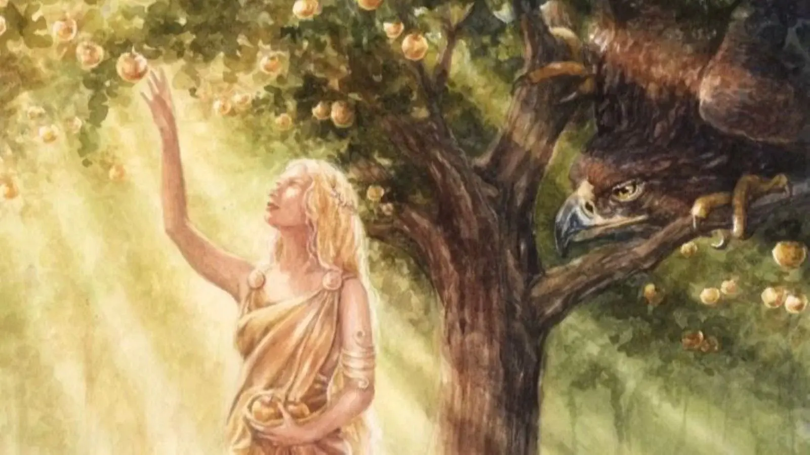 Idun and her apples of youth, guarded by the gods