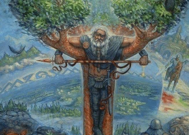 Odin hanging from Yggdrasil, pierced by his spear, to gain the runes