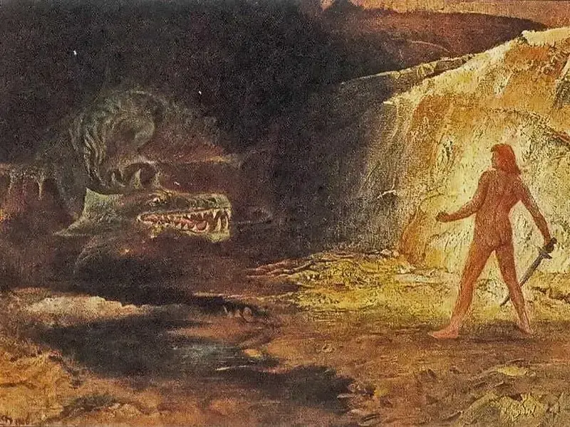 Sigurd slaying the dragon Fáfnir with the sword Gram