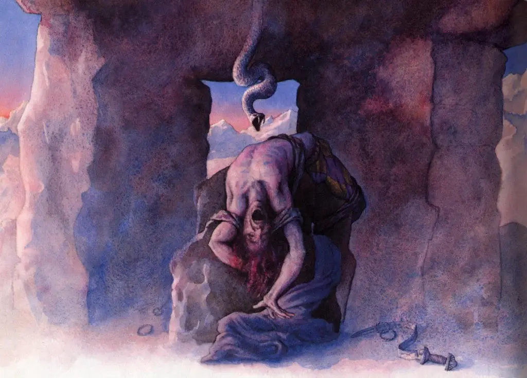 Loki bound beneath a dripping serpent while Sigyn holds a bowl above him