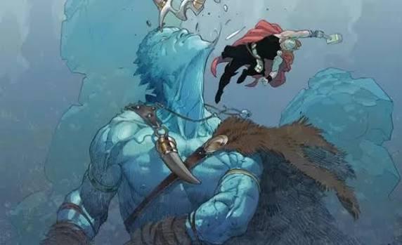 Thor dueling the stone giant Hrungnir with Mjölnir