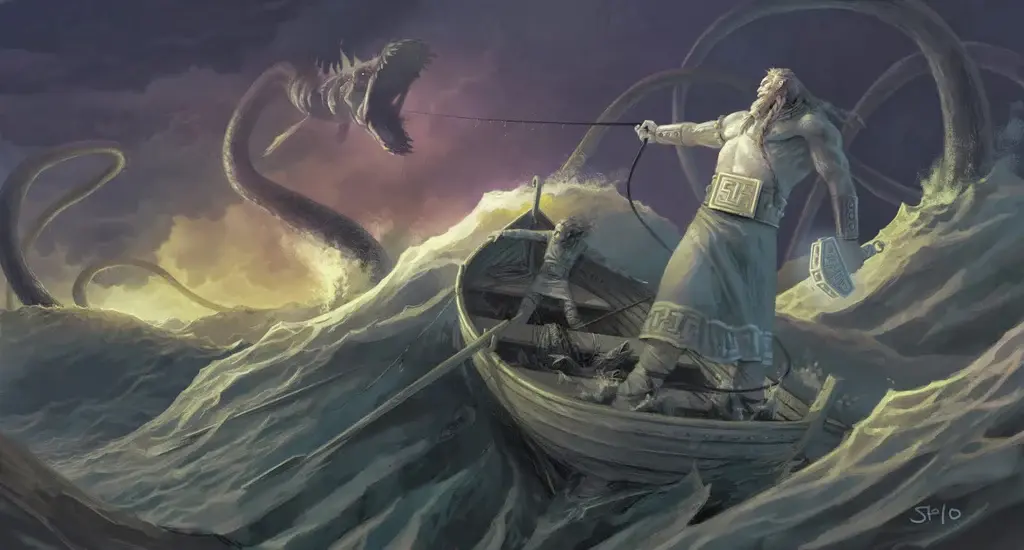 Thor hooking Jörmungandr the World Serpent while fishing with the giant Hymir