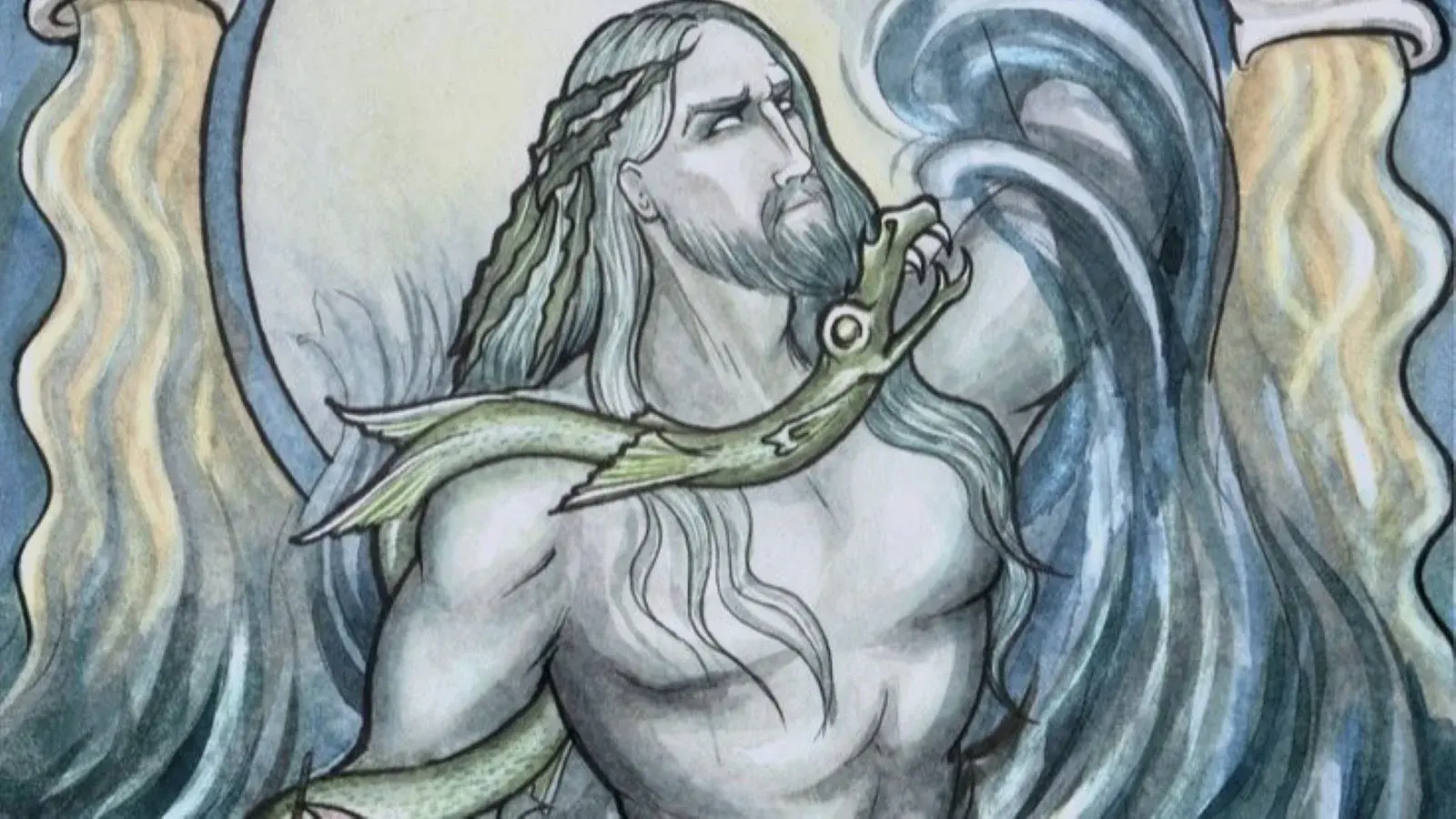 Aegir the Norse sea giant in his underwater hall lit by glowing waves