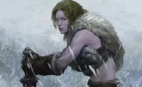 Gunnlod seated in a hidden mountain chamber with the mead of poetry