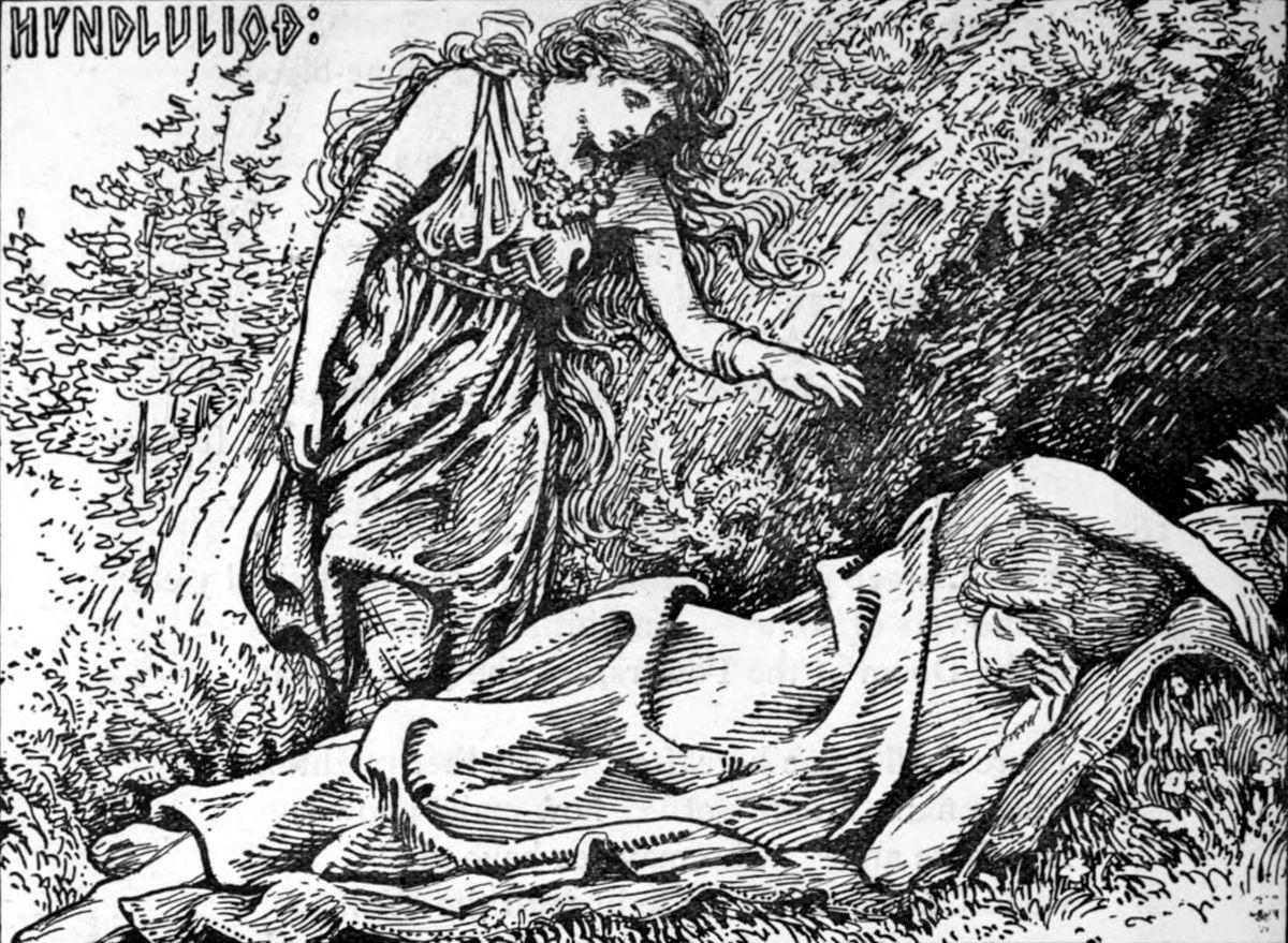 Hyndla the giantess seer with scrolls and runes