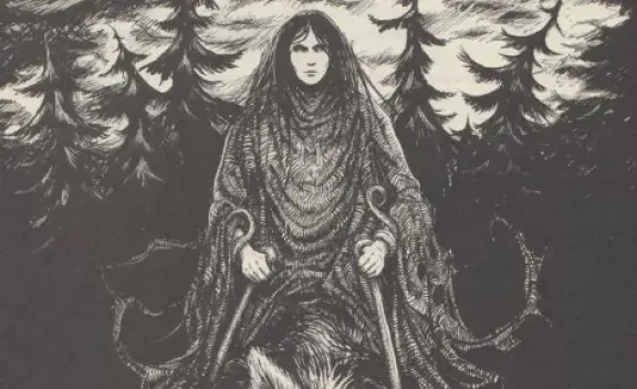 Hyrrokkin the giantess arriving on a wolf to launch Baldr’s ship