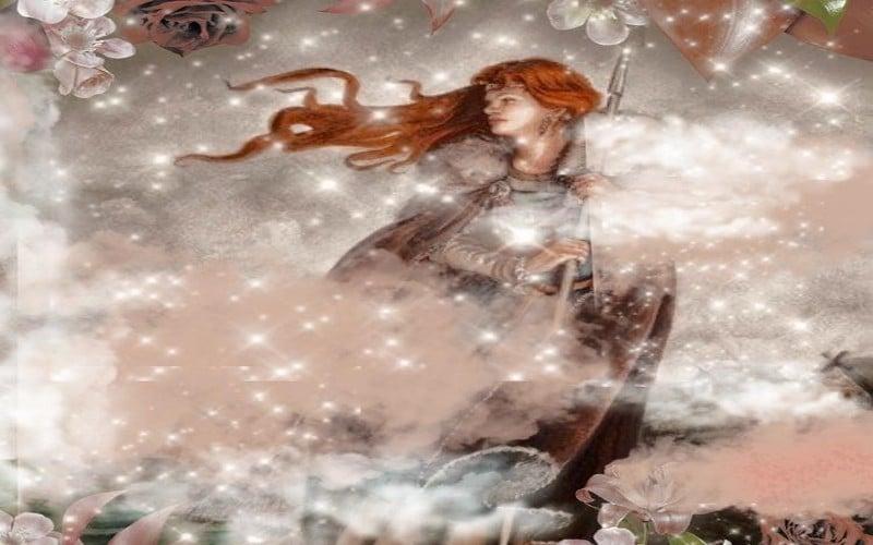 Jarnsaxa the giantess holding an iron blade