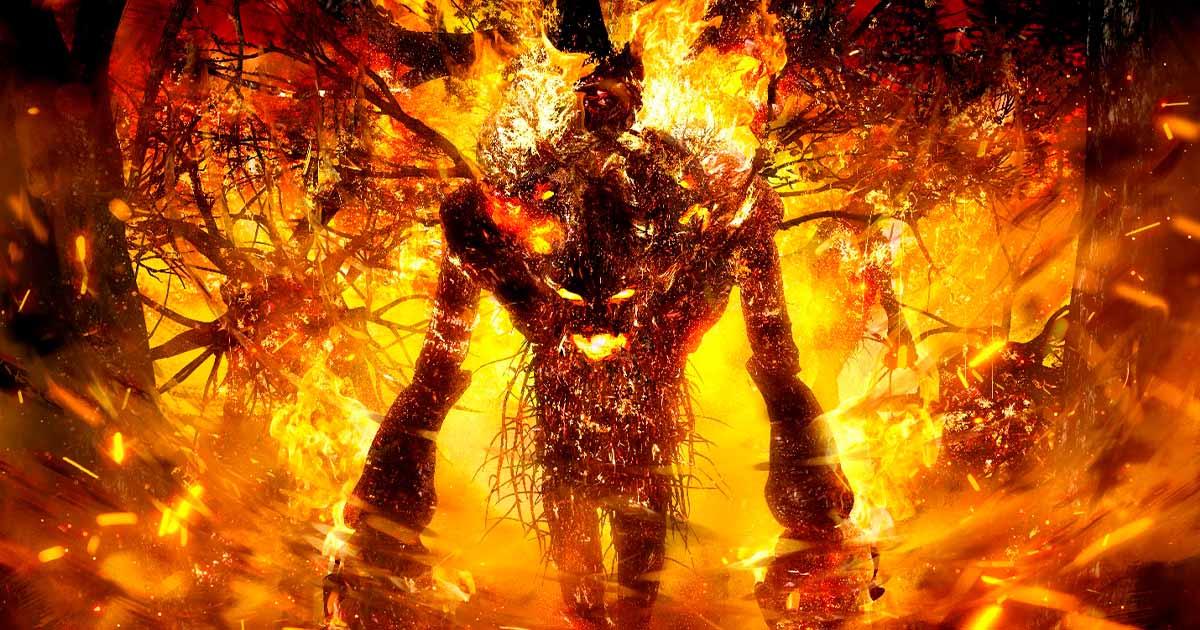 Surtr the fire giant standing with a flaming sword in Muspelheim