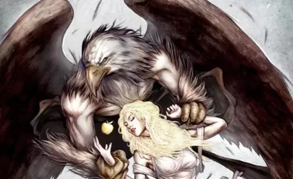 Thiazi the Norse giant in eagle form soaring over icy peaks