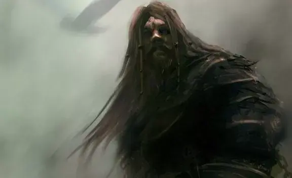 Thökk the Norse giantess standing in shadow, unmoved and defiant