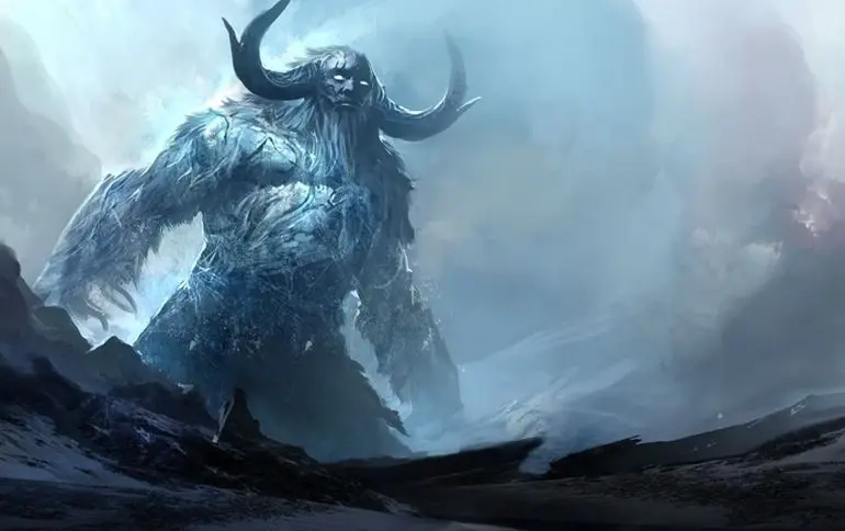 Thrym the Norse giant holding Mjolnir in a frost hall