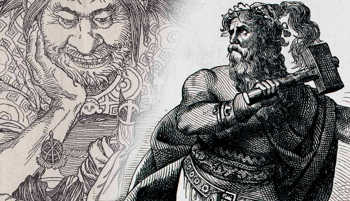 Utgard-Loki the giant king in a vast hall of illusions with Thor before him