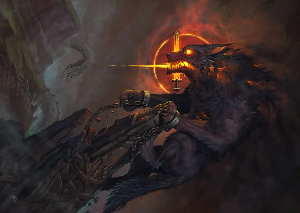 The binding of Fenrir, the great wolf of Norse myth