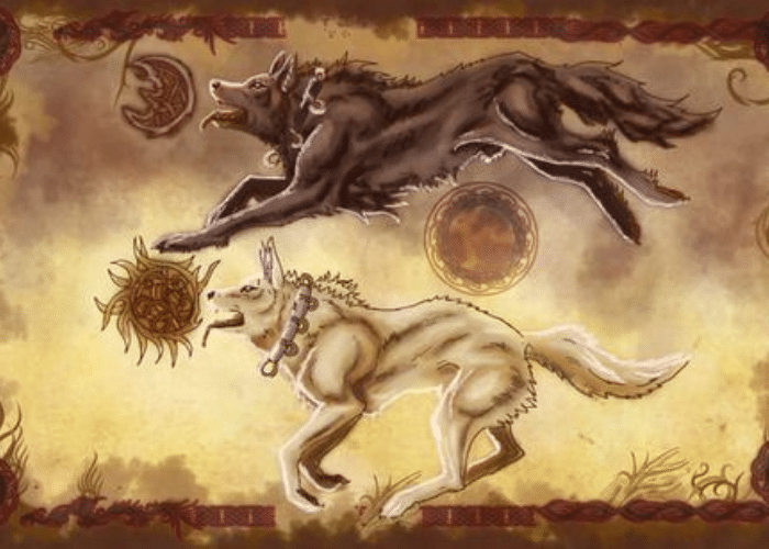 Sköll and Hati chasing the sun and moon