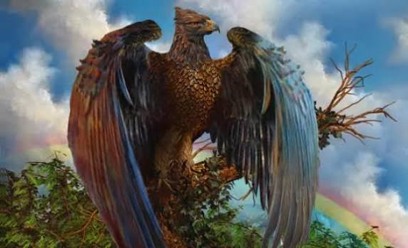 Veðrfölnir, the hawk perched between the eagle's eyes atop Yggdrasil