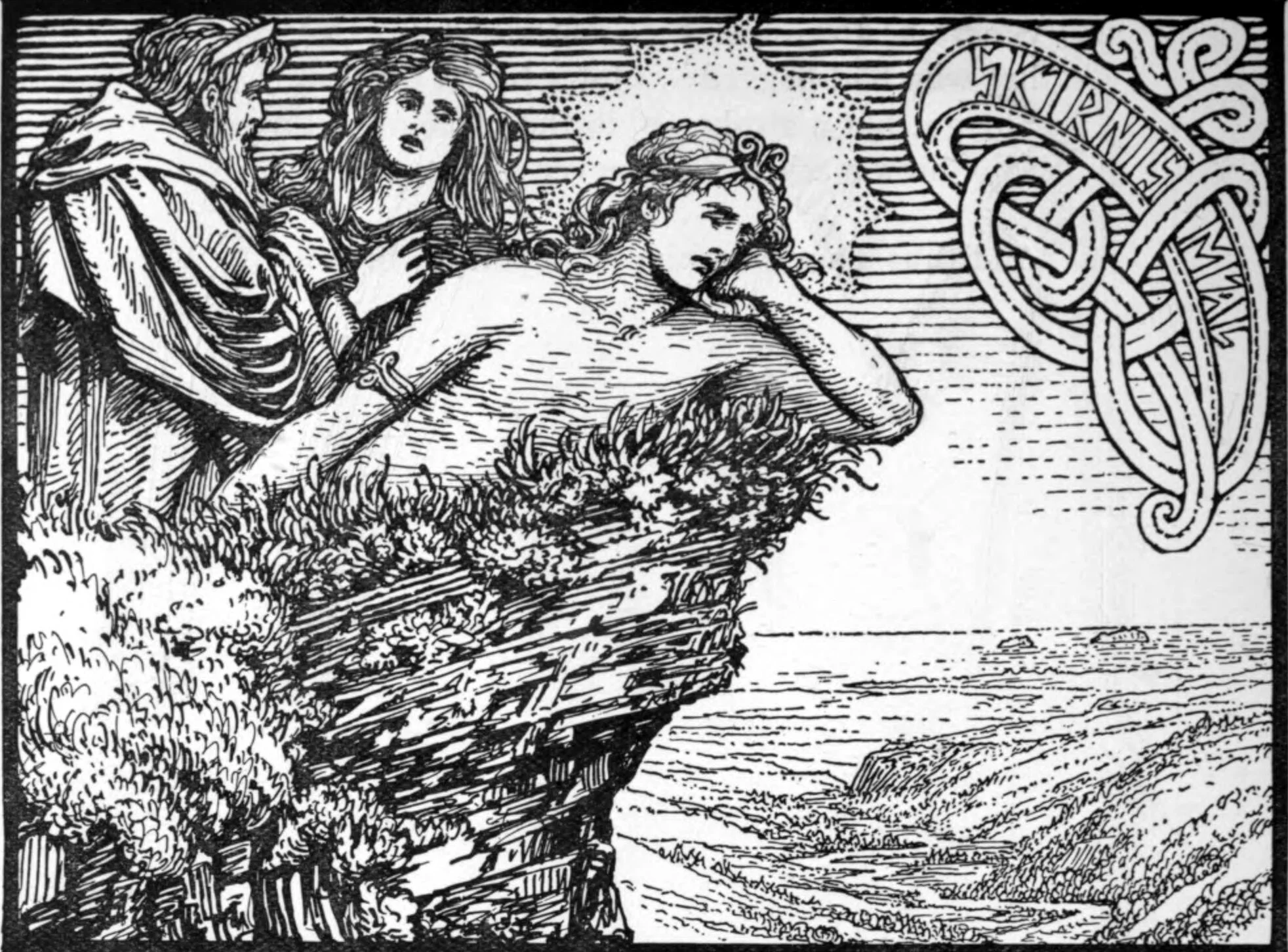 Nerthus, earth goddess of fertility and peace, depicted with sacred groves and a covered wagon